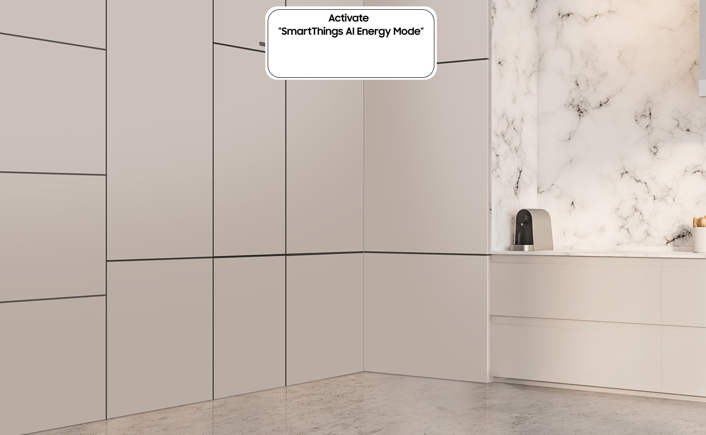 BRB80F TWC installed in the kitchen with the Activate "SmartThings AI Energy Mode" button in the OFF state.