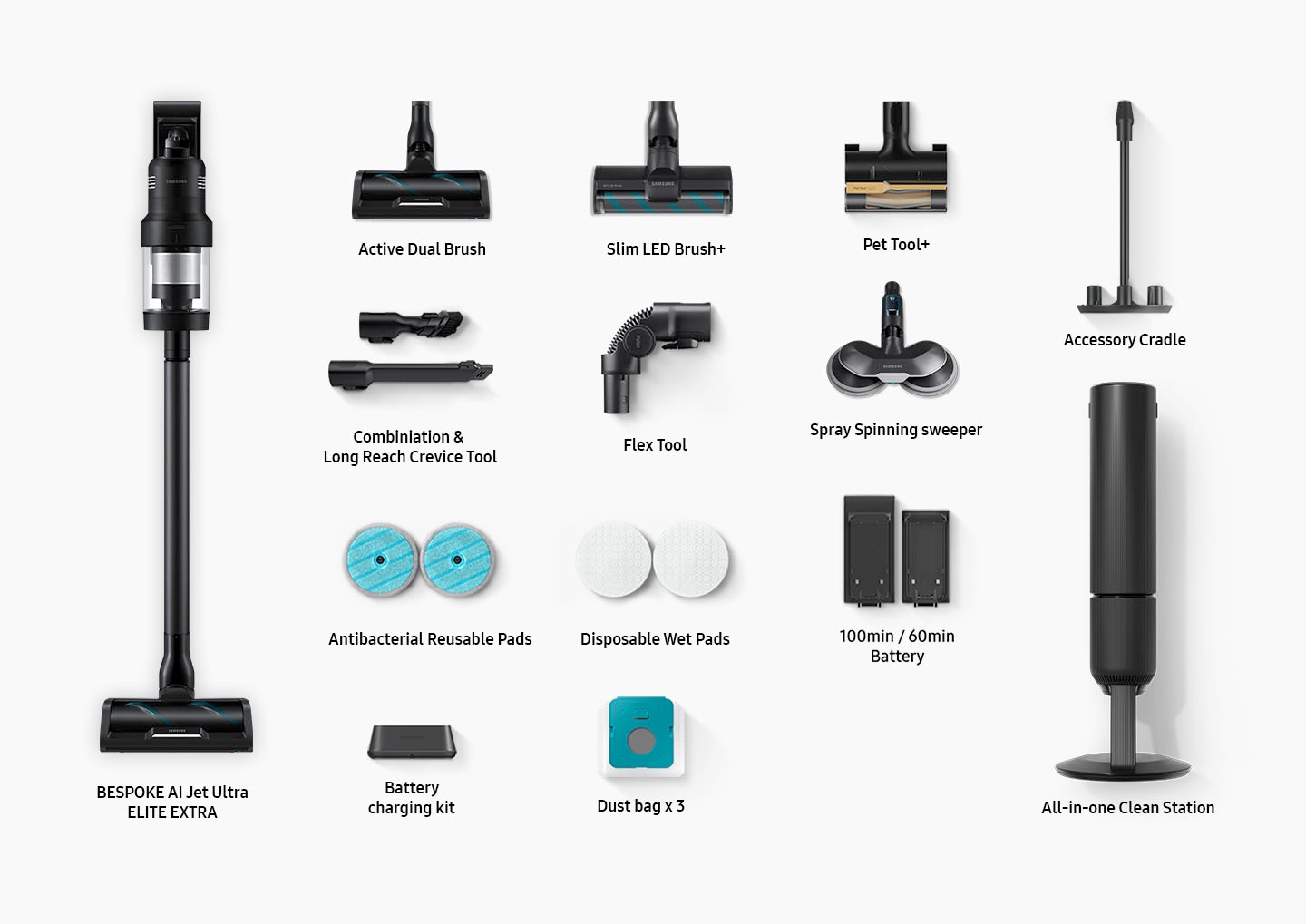 В комплект поставки входят такие компоненты, как специальная щетка Jet AI Ultra ELITE EXTRA, активная двойная щетка, тонкая светодиодная щетка +, Инструмент для домашних животных +, Инструмент для комбинирования и заделки щелей, Гибкий инструмент, Подметальная машина с распылителем, Антибактериальные многоразовые прокладки, Одноразовые влажные прокладки, Аккумулятор на 100 мин / 60 мин, Комплект для зарядки аккумулятора, Пылесборник. сумка x 3, подставка для принадлежностей, универсальная станция для чистки.