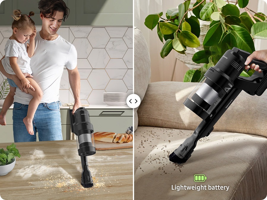 Пять женщин убирают в разных частях гостиной с помощью различных аксессуаров AI Jet Ultra, сделанных на заказ. Аккумулятор с длительным сроком службы.