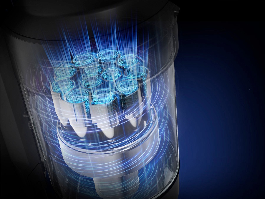 Мощная мощность всасывания в 12 циклонных конструкциях была визуализирована в виде вихря синего цвета.