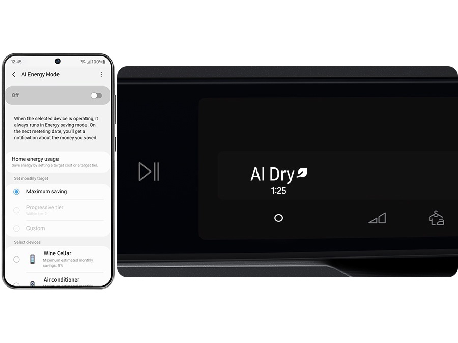 Режим AI Energy активируется путем установки кнопки mode в положение "Вкл." и выбора устройства, которое вы хотите запустить на смартфоне. Он позволяет экономить энергию на 20% больше, чем режим AI Energy off. ※ Приведенные изображения приведены в качестве иллюстрации. Результаты могут отличаться в зависимости от реальных условий использования.