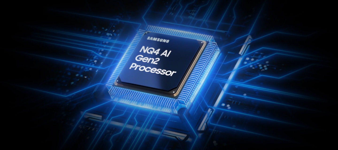 Процесорний чіп Samsung NQ4 AI Gen2 опускається на головну плату телевізора та світиться хвилями енергії, що надходять від чіпа до решти телевізора.