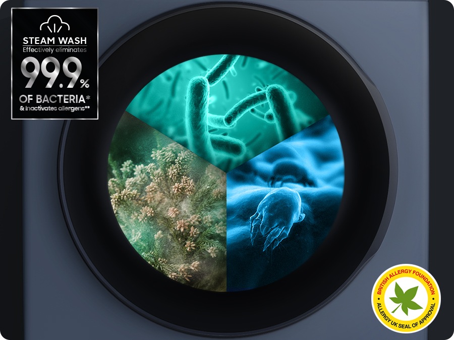 Steam is dispersed inside the washing machine door to remove allergens and bacteria. Steam Wash effectively eliminates 99.9% of bacteria* & inactivates allergens**. Steam wash certified by BRITISH ALLERGY FOUNDATION and ALLERGY UK SEAL OF APPROVAL is shown in right bottom.