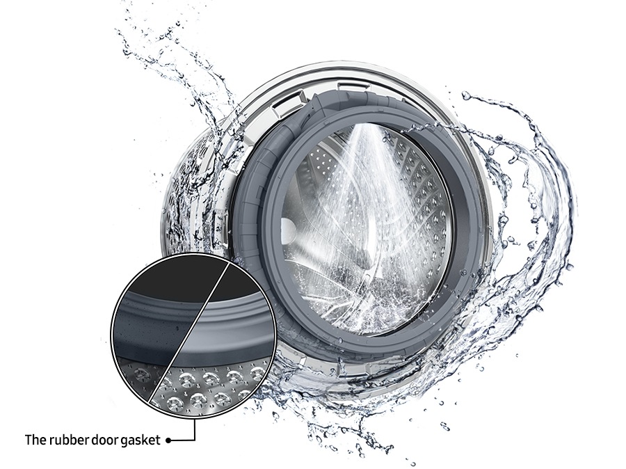 The washer drum is surrounded by clean water and water jets are cleaning the inside. Close-up of the rubber door gasket.