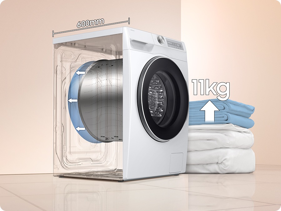 At the bottom left, SpaceMax™ feature is shown in icon. The depth of the washer drum has increased to 600mm, and the capacity has increased from 9kg to 11kg. It can wash even large duvet.