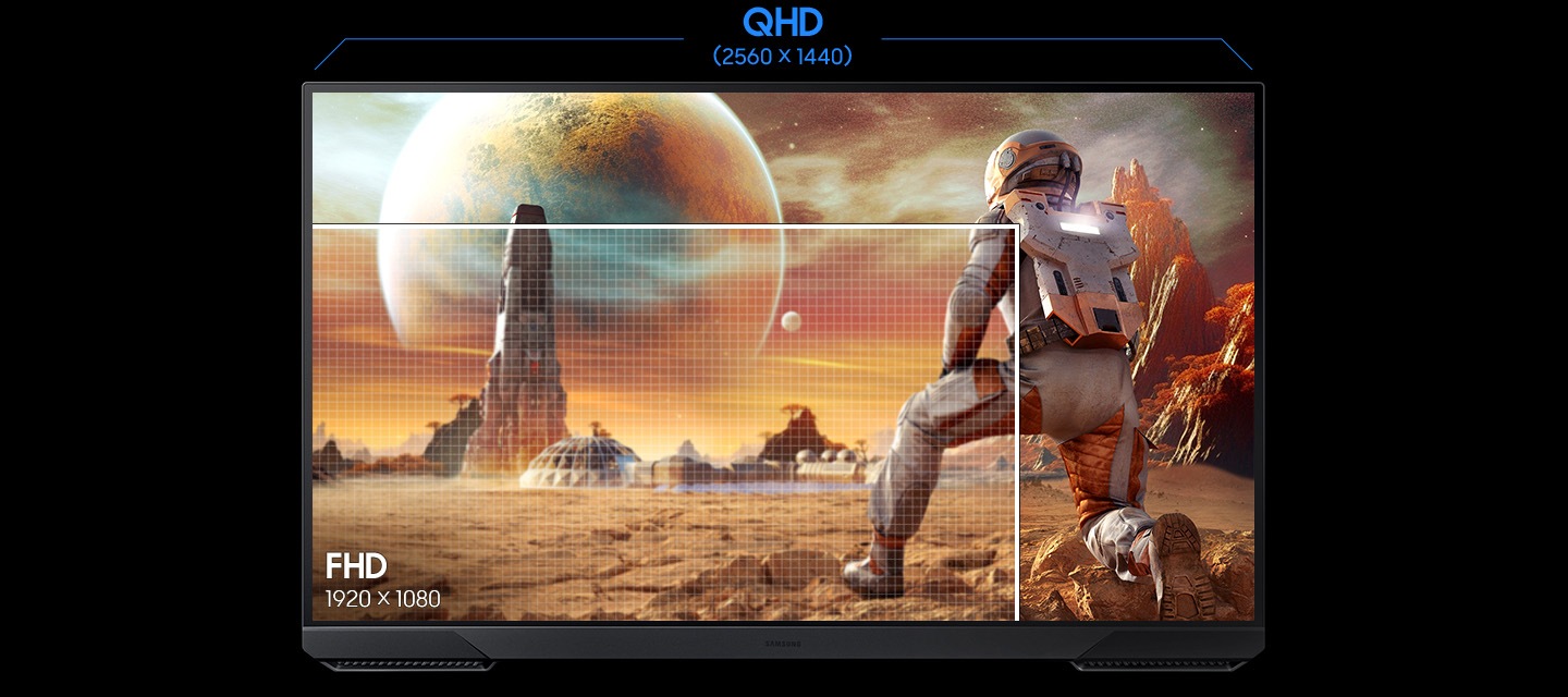 QHD resolution (2560 x 1440) shows an astronaut looking at the landmark from afar and FHD resolution (1920 x 1080) shows only the leg and a section of the landmark.