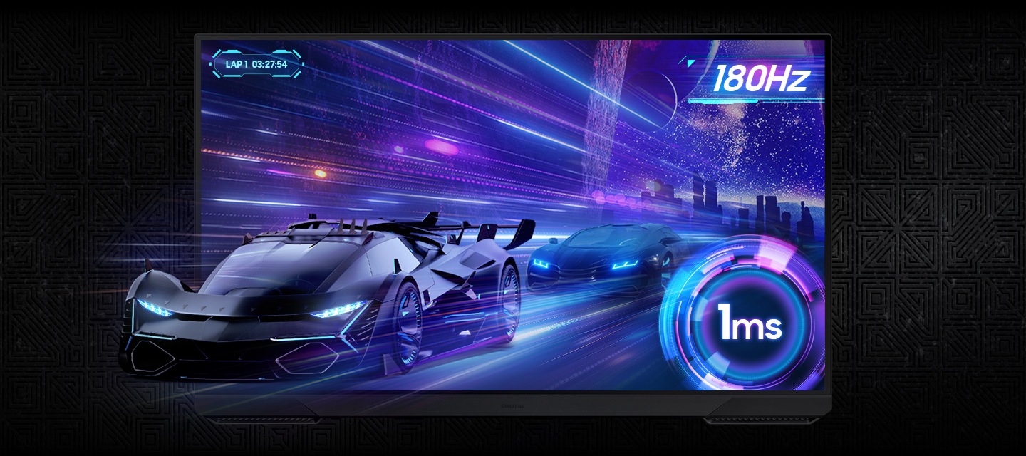 A race car zooms out of the screen with another car following from behind. 180Hz refresh rate and 1ms response time.