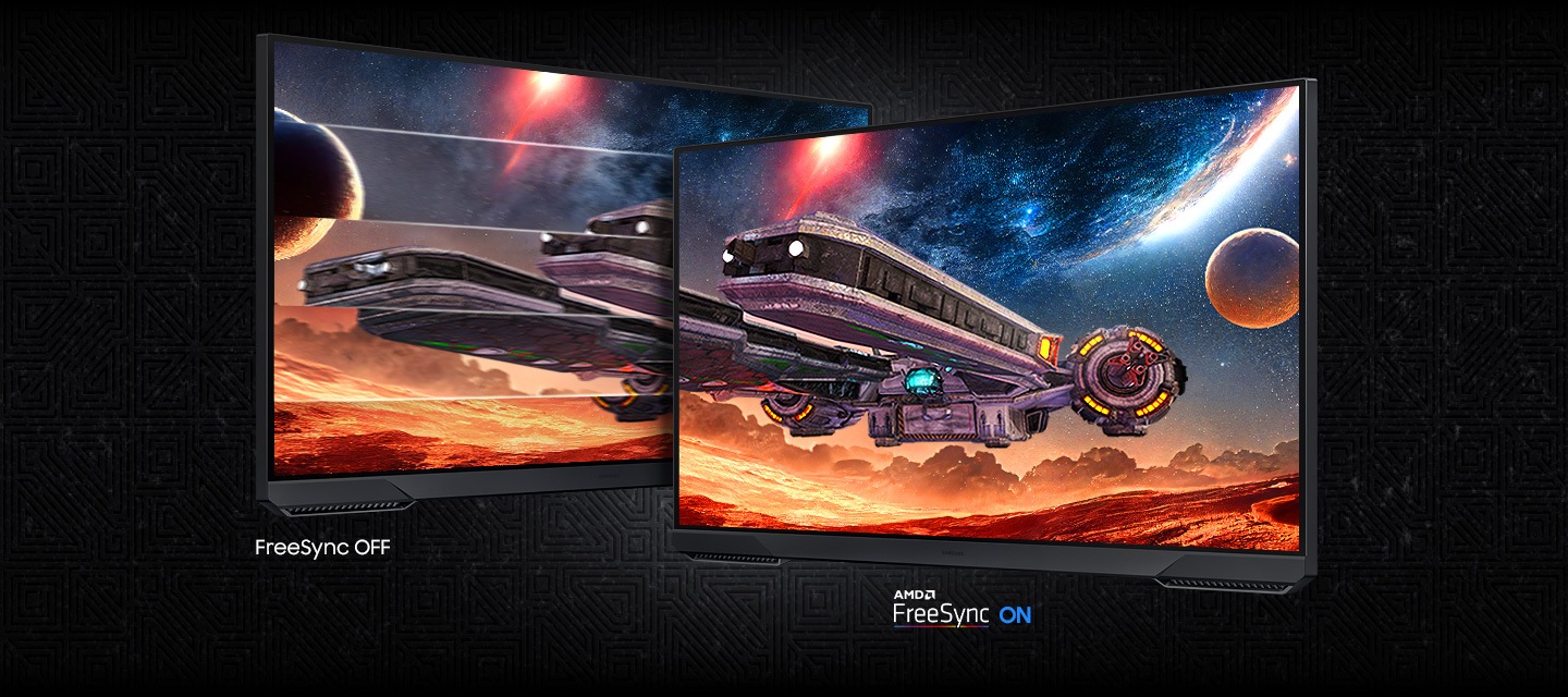 Two screens show a spacecraft in space. FreeSync OFF shows a choppier image than AMD FreeSync Premium ON.
