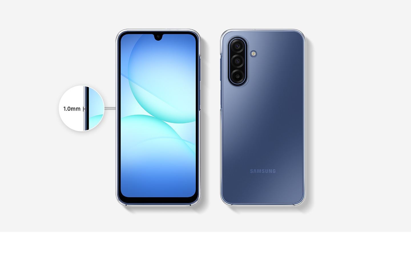 Two Blue Galaxy A17 devices. One is shown from the front, the other from the back. Both are installed with the Clear Case. On the left is a close-up of the 1.0mm thickness of the case.