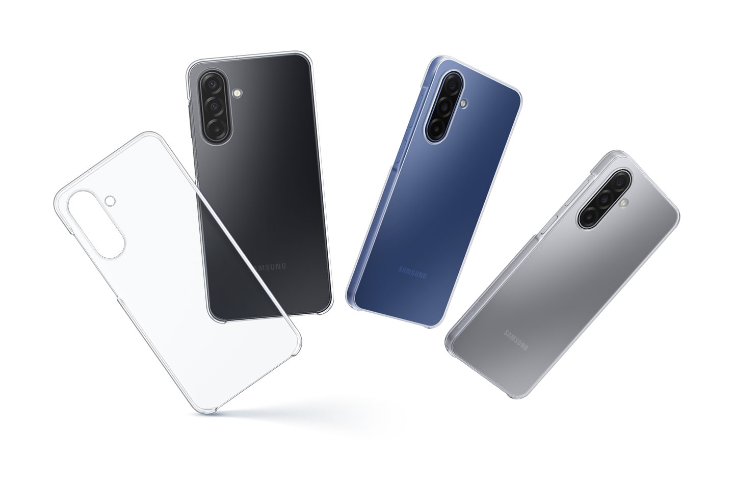 A Clear Case and three Galaxy A17 devices of different colors in Clear Cases fanned out from left to right.