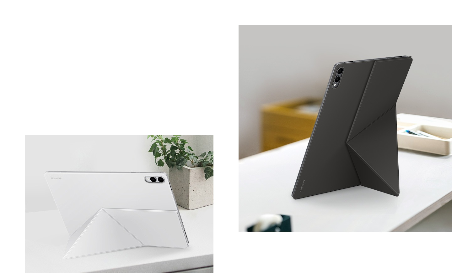 White Book Cover encasing Galaxy Tab S11 Ultra standing in landscape mode with a stand on the back folded into a triangular shape. Another Tab S11 Ultra with black Book Cover on, standing in portrait mode to highlight stable, hands-free viewing both vertically and horizontally.