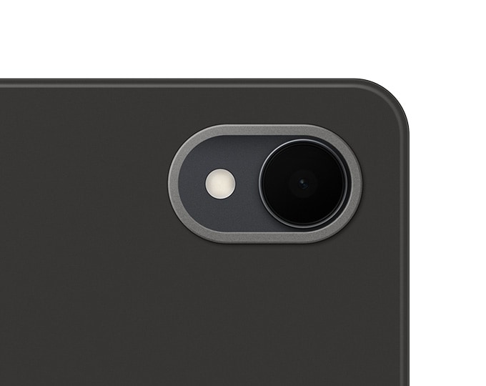 A close-up of black Book Cover for Galaxy Tab S11 with a sleek back design featuring a metal trim around one rear cameras.