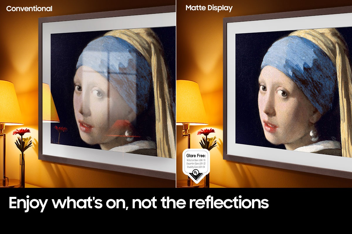 The Conventional screen displays artwork full of reflections. The Matte Display shows the same painting with no glare. The UL verified Glare Free logo is on display with Reflection Glare UGR<10, Discomfort Glare UGR<22, Disability Glare UGR<34.
