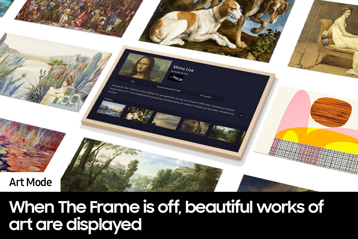 The Frame's Art Store page is displayed on the center. Surrounding it are many artworks that can be found in the Art Store.