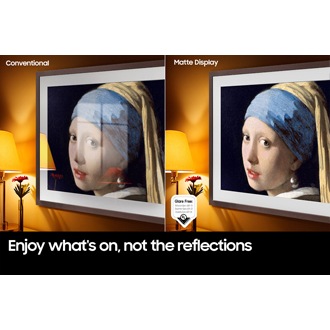 The Conventional screen displays artwork full of reflections. The Matte Display shows the same painting with no glare. The UL verified Glare Free logo is on display with Reflection Glare UGR<10, Discomfort Glare UGR<22, Disability Glare UGR<34.