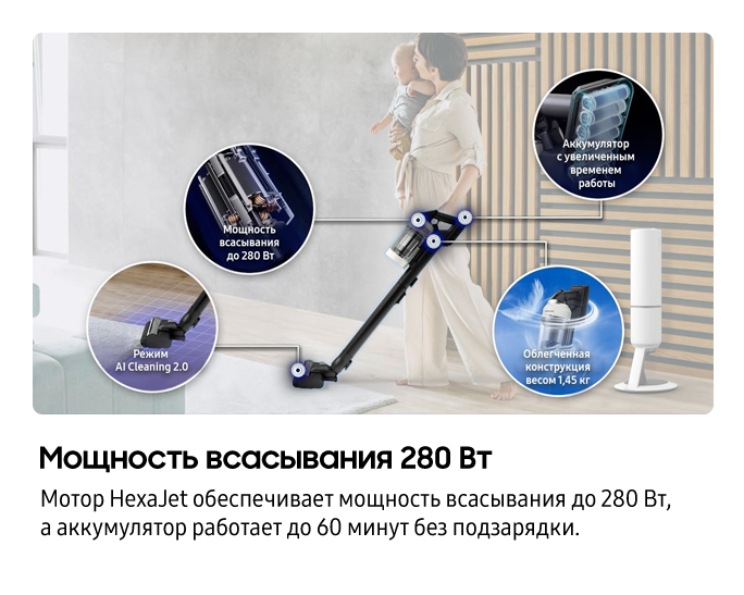 280W Bespoke AI Вертикальный пылесос AI JetLite (Pro Extra) Высокая мощность всасывания + Станция Очистки WI-FI Сатин грейдж