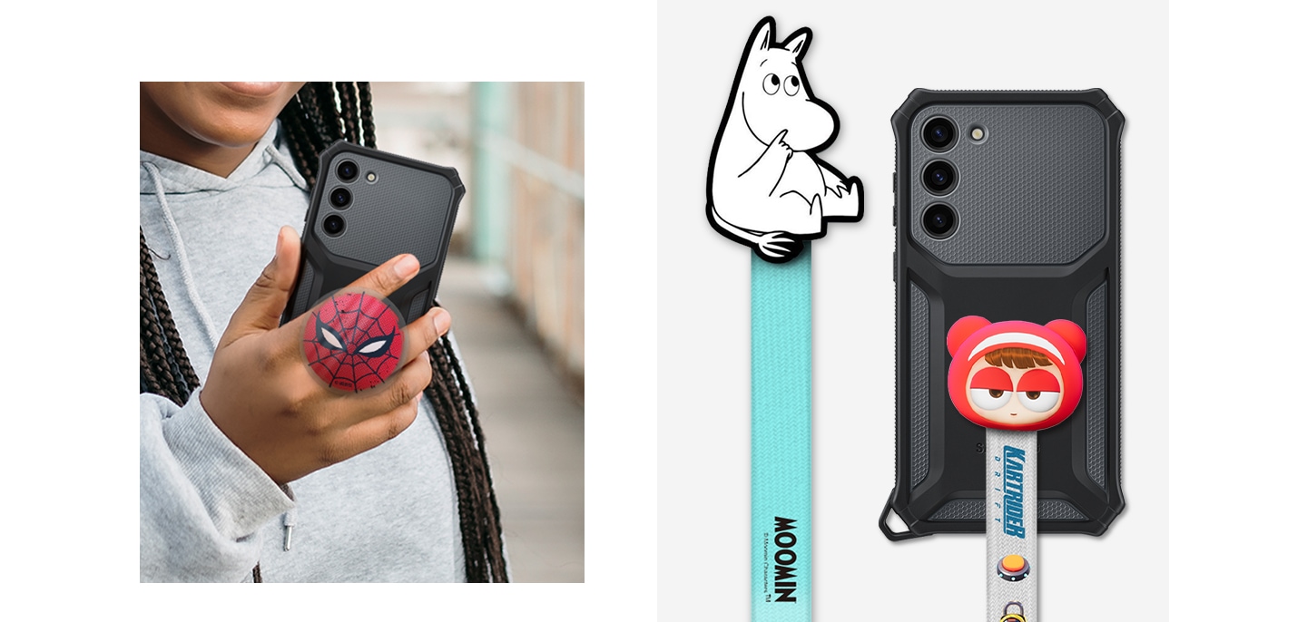 Una mujer sostiene su smartphone Galaxy S23+ con un soporte de agarre personalizado. Se muestran diferentes diseños de marca para las correas de muñeca y de gancho.
