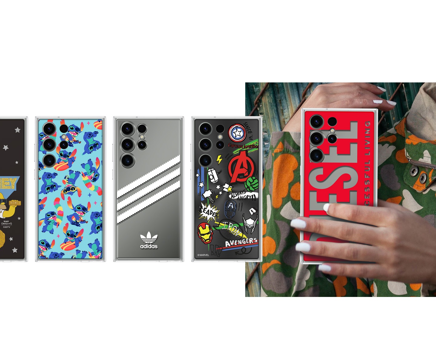 Se muestra una selección de placas posteriores con varios diseños en asociación con otras marcas, como Adidas y Diesel.