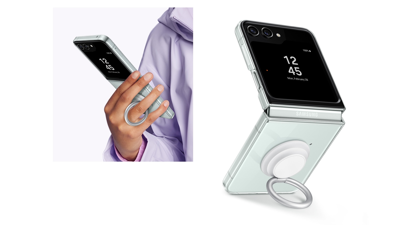 Una persona sostiene verticalmente un dispositivo Galaxy Z Flip5 desplegado con un estuche transparente con un soporte de anillo. Junto a él, el dispositivo se coloca verticalmente sobre una superficie con el anillo como soporte.