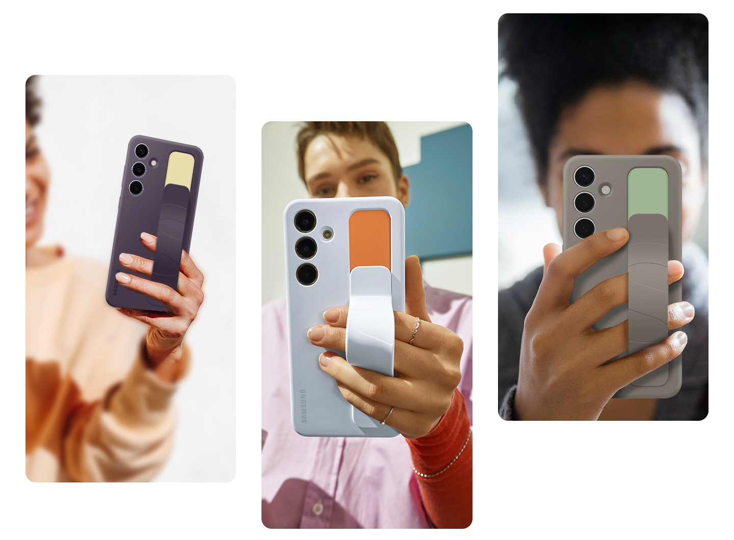 Tres jóvenes sostienen la correa de la cubierta vertical con agarre en dark violet, light blue y taupe de izquierda a derecha. Cada persona muestra la facilidad de sostener el smartphone como usuario diestro o zurdo, con varias tomas de estilo de vida en diferentes colores.