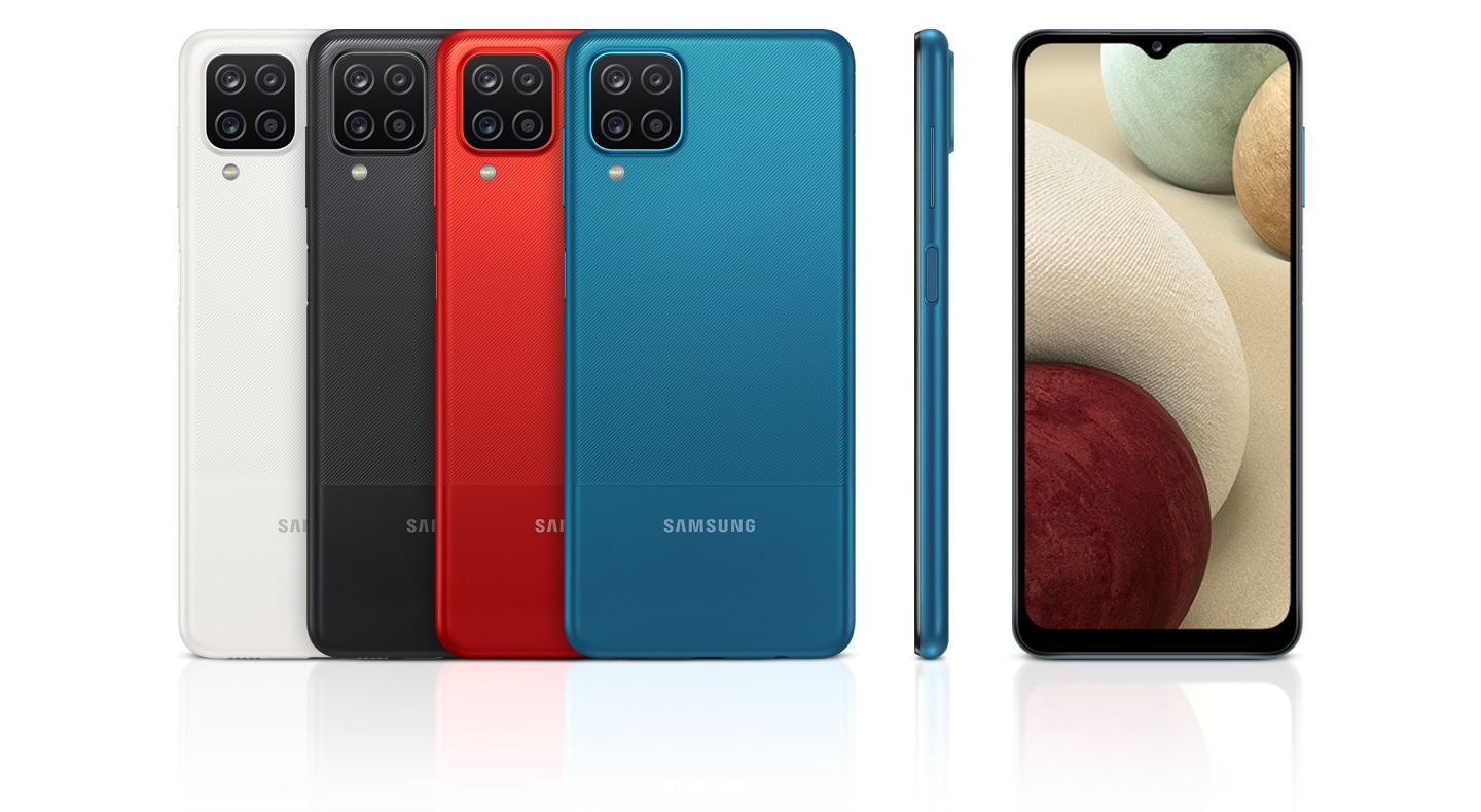 Samsung Galaxy A12 - Colores y diseño de perfil, frontal y dorsal