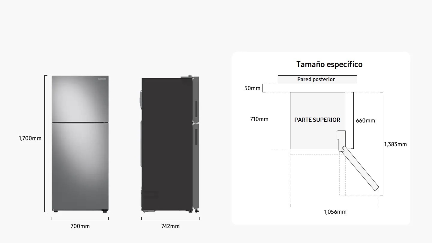 The refrigerator is 1,700mm high, 700mm wide, and 742mm deep including the closed door. The depth is 660mm without the door, and 1,383mm with the door opened to the max. The width is 1,056mm with the door opened to the max. The depth including the space between the rear wall is 710mm and the space between the rear wall is 50mm.