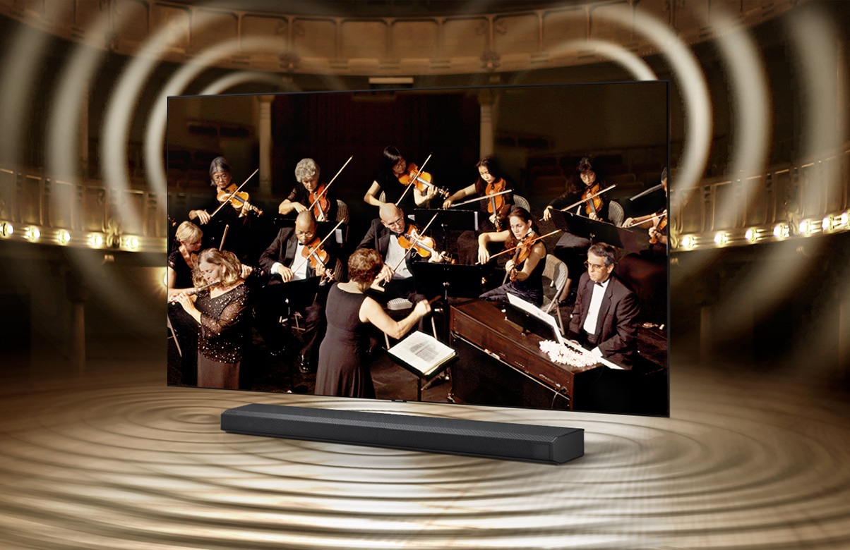 Sound wave graphics from TV speaker and soundbar show that Q Symphony allows sound to be heard simultaneously from TV speaker and soundbar.