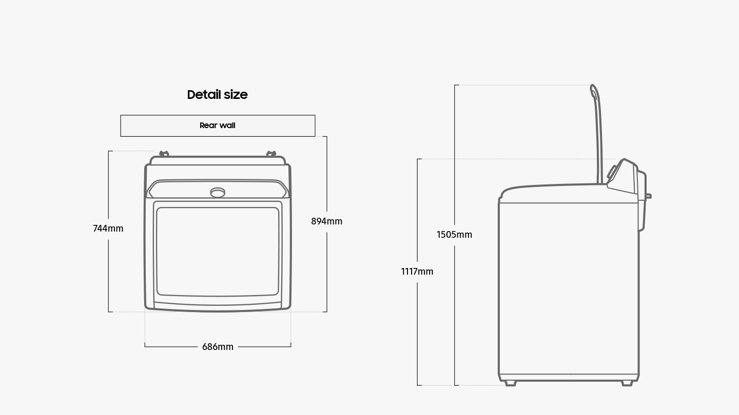 Width 686mm, height 1117mm, depth 744mm, height with door open 1505mm, install depth 894mm.