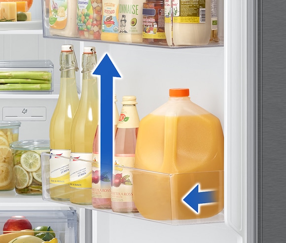 The Gallon Guard space of the shelf in the inside door is wider and deeper so larger juice bottles and sauce bottles can be safely stored.