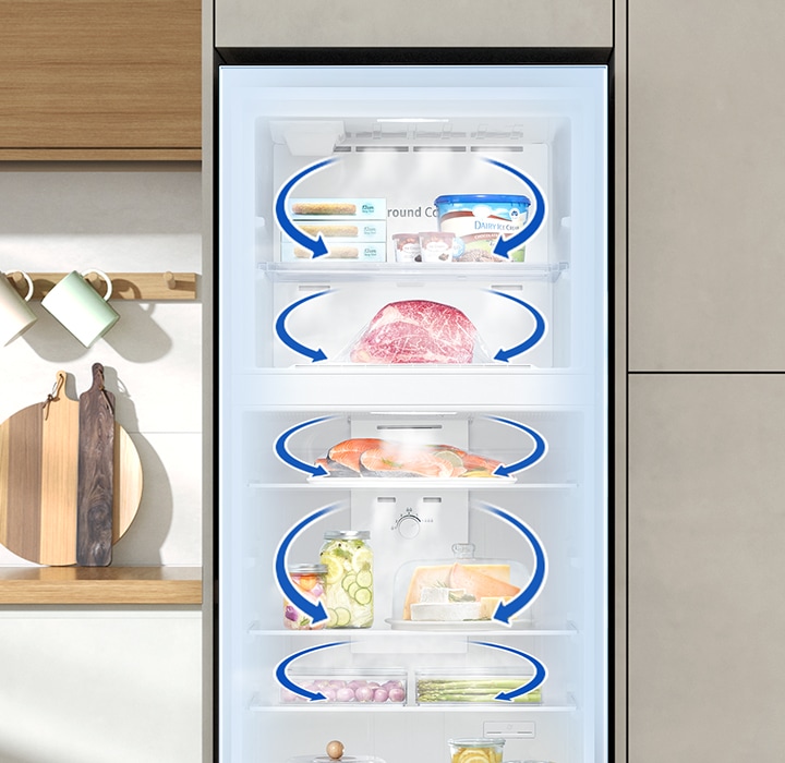 Blue arrows are shown on every inner section of the refrigerator. It indicates cold air spinning through every storage space.