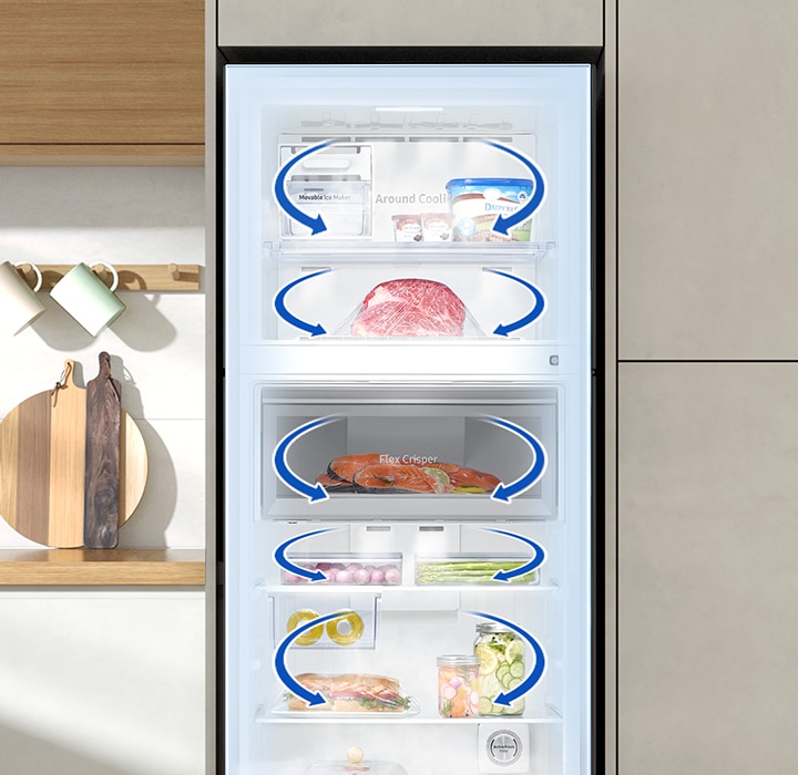 Se muestran flechas azules en cada sección interna del refrigerador.  Indica aire frío girando a través de cada espacio de almacenamiento.