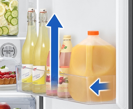 The Gallon Guard space of the shelf in the inside door is wider and deeper so larger juice bottles and sauce bottles can be safely stored.
