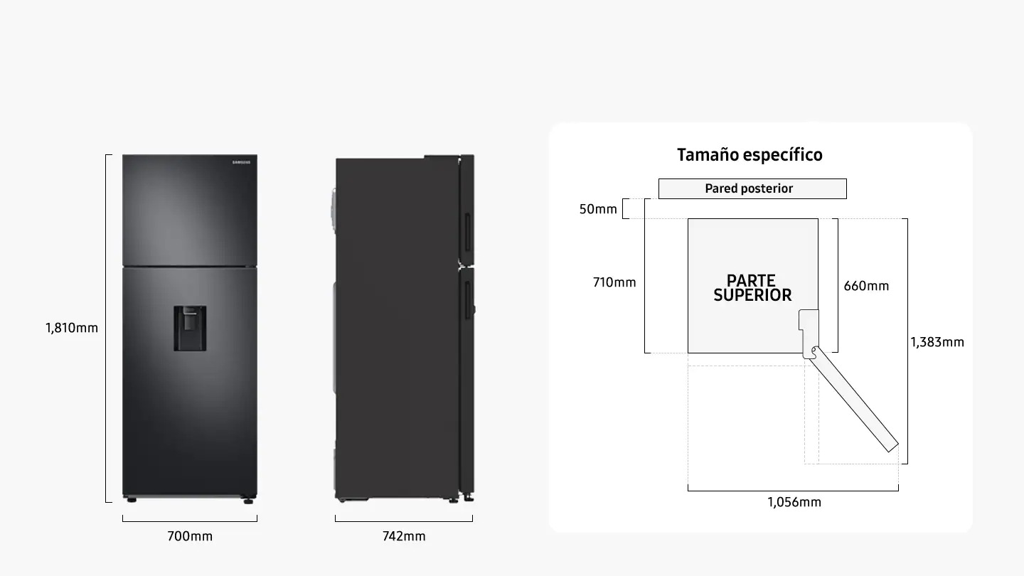 The refrigerator is 1,810mm high, 700mm wide, and 742mm deep including the closed door. The depth is 660mm without the door, and 1,383mm with the door opened to the max. The width is 1,056mm with the door opened to the max. The depth including the space between the rear wall is 710mm and the space between the rear wall is 50mm.