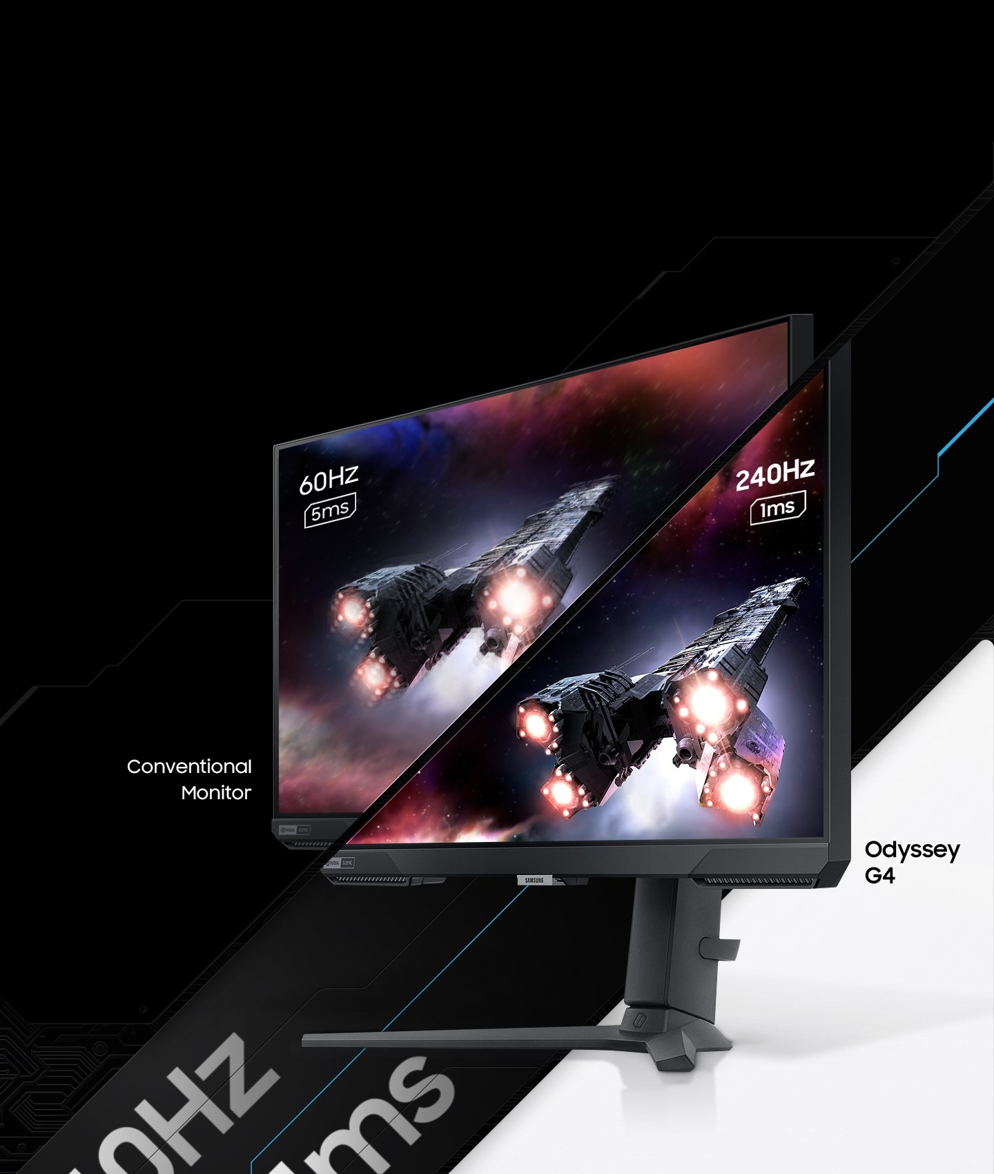 A monitor which is seen from its right side shows two spaceships blasting off into space. The monitor is split in two to show the difference in display quality comparing two different refresh rates and response time, one for conventional monitor with 60Hz and 5ms and the other for Odyssey G4 with 240Hz and 1ms.