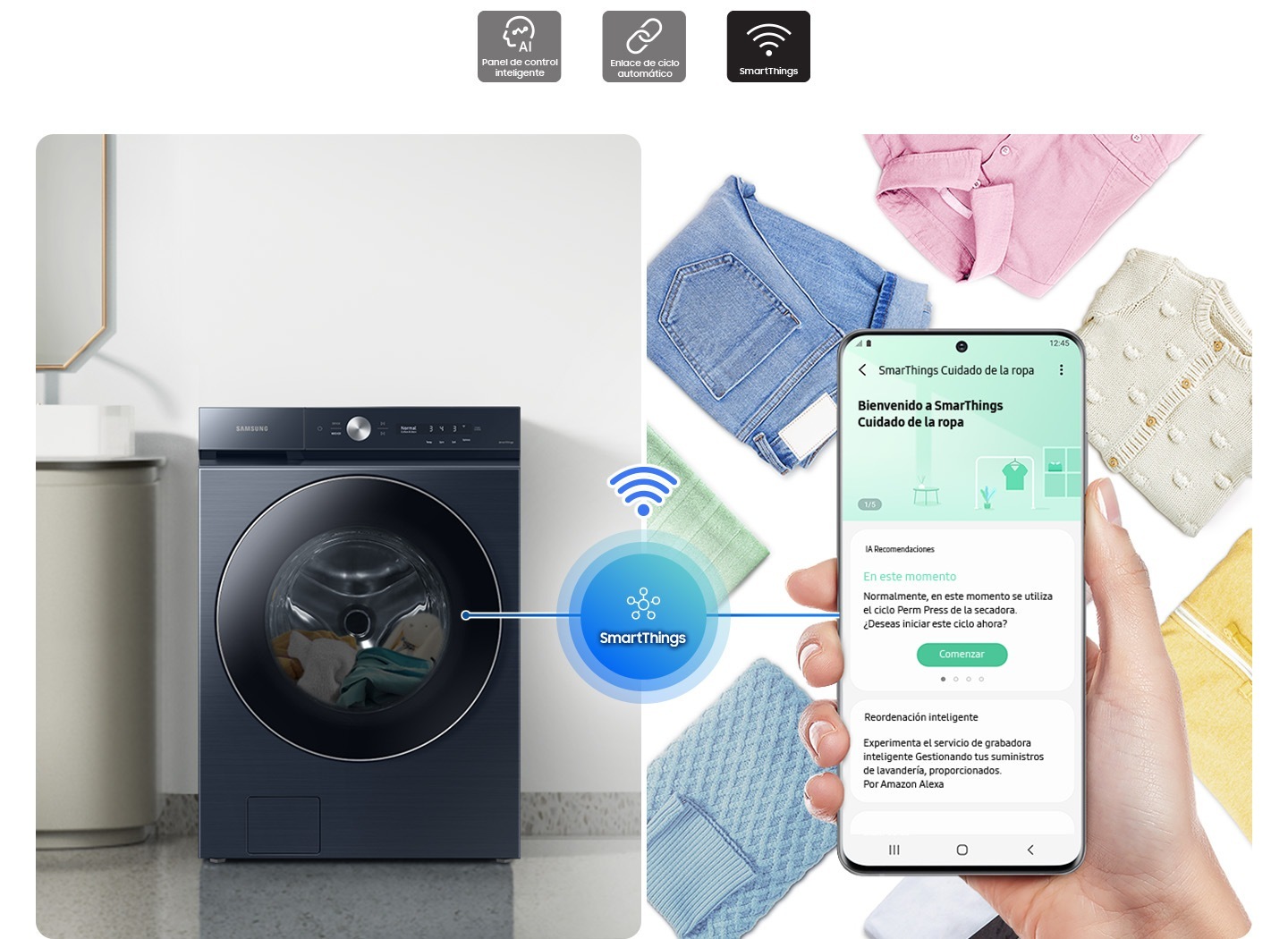 El ciclo de lavado controlado a través de la aplicación SmartThings. SmartThings Clothing Care recomienda los mejores ciclos.