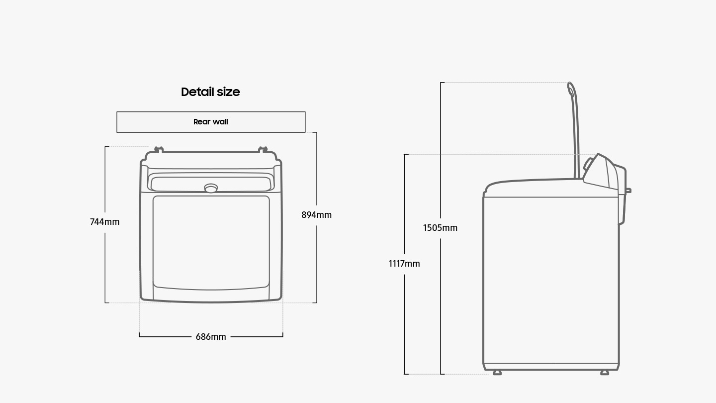 Width 686mm, height 1117mm, depth 744mm, height with door open 1505mm, install depth 894mm.
