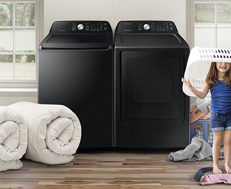 Beside WA3500B, there are some laundry in a basket, a blanket and a girl with a basket. The washing machine is big enough to wash more items at once.