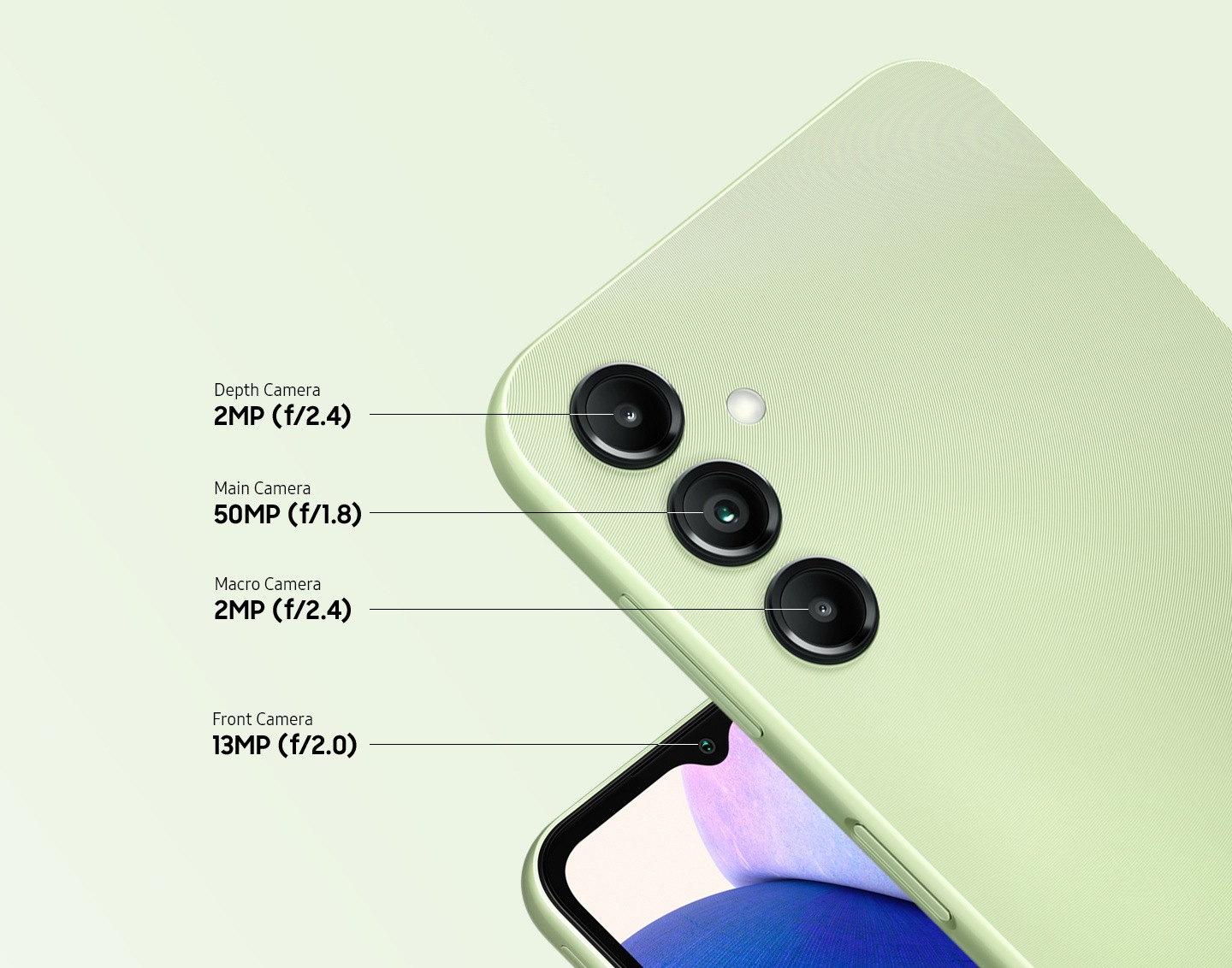 Two devices, both in light green, show the rear side and front side of the device. On the right, the rear side of the device shows the 2MP f2.4 Depth Camera, 50MP f1.8 Main Camera, and 2MP f2.4 Macro Camera. On the left, the front side of the device shows the 13MP f2.0 Front Camera.