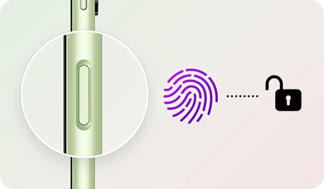 A side profile of the Galaxy A14 5G is shown, with the fingerprint sensor enlarged and magnified. Right by the sensor, a fingerprint icon and an unlock icon are shown with a short dotted line between them.