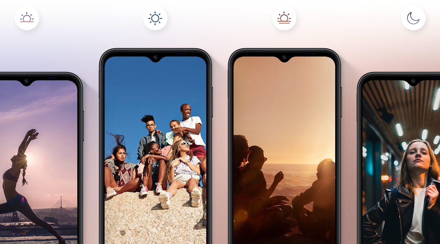 Four front facing devices show different images. Starting from the left, the first image under the sunrise icon shows a woman doing yoga outside at dawn. The second one under the sun icon shows a group of friends hanging out sitting on a rock at noon. The third one under the sunset icon shows friends having a conversation at dusk. The last one under the crescent moon icon shows a woman posing for a selfie at night.