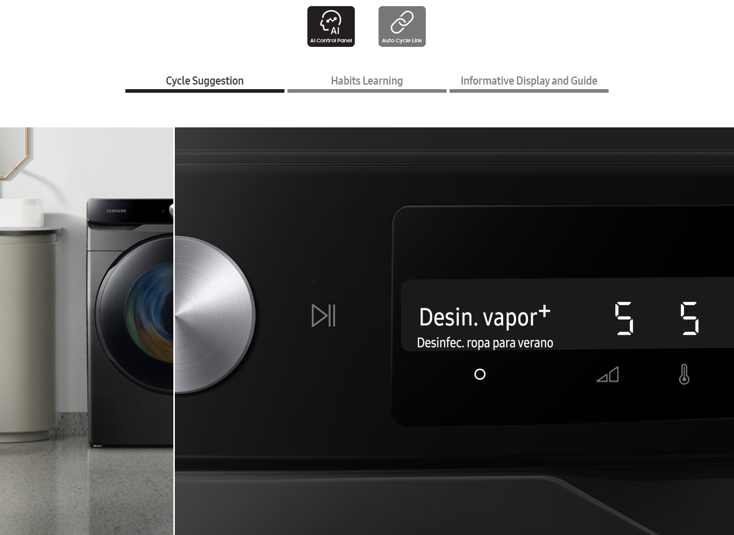 The AI dryer’s control panel displays the Cycle suggestion, Habits learning, Informative display and guide.