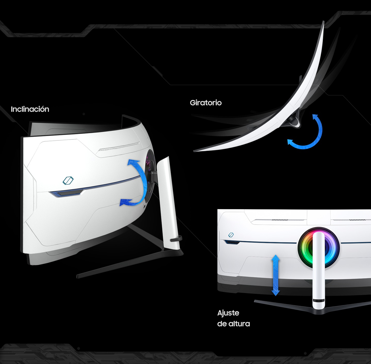 A monitor is seen three times from different angles. One view shows the monitor from the top down, while an arrow shows that the monitor rotates from left to right, with the word "Swivel." In a view from the back of the monitor, an arrow curves up and down with the word "Tilt." In a different view from the back of the monitor, arrows point straight up and down with the words "Height adjustment."