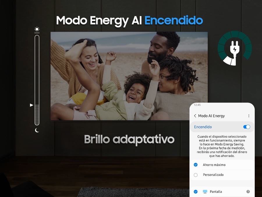 When AI Energy Mode is turned off, the surroundings around the TV appear bright. A smartphone screen appears displaying AI Energy Mode and changes from off to on. With Adaptive Brightness and AI Energy Mode on, the energy level decreases significantly and the scale changes from day to night.