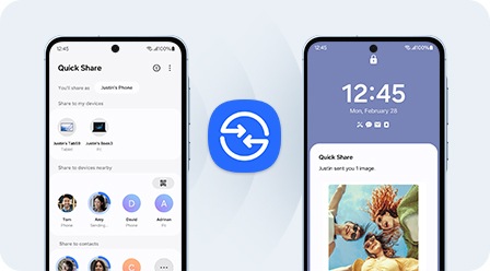 La pantalla del smartphone a la izquierda enumera los archivos y contactos disponibles para compartir, mientras que el smartphone a la derecha muestra la notificación entrante de Quick Share con una vista previa de imágenes compartidas, icono de Quick Share en el centro.