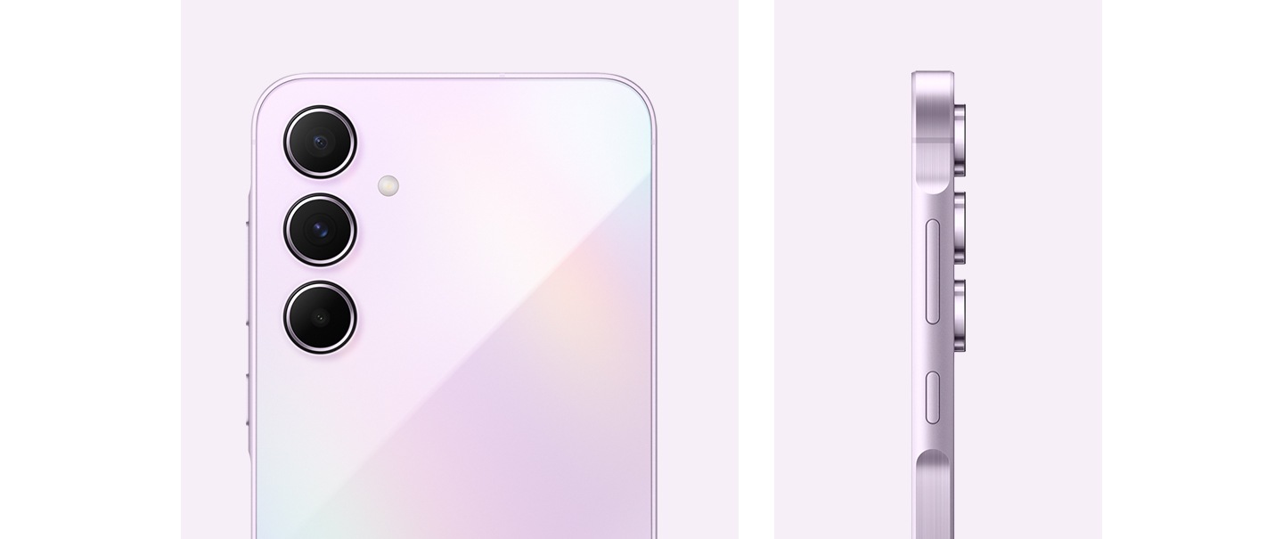 Un Galaxy A55 5G en Púrpura asombroso muestra la disposición de la cámara, la vista trasera de la disposición de la cámara y la vista lateral del dispositivo.