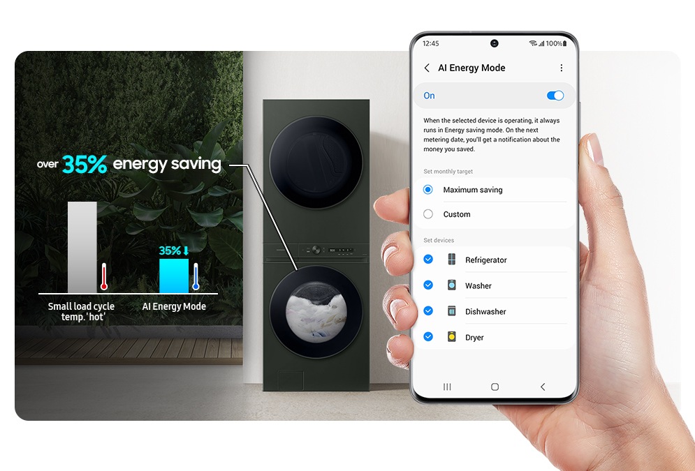 El modo de energía de AI para lavadora se activa al marcar el botón de modo en “Encendido” y seleccionar el dispositivo que desea ejecutar en su teléfono inteligente. El modo de energía de AI reduce el consumo de energía en más de un 35 % más que la temperatura del ciclo de carga pequeño “caliente”. El modo de energía de AI para lavadora se activa al marcar el botón de modo en “Encendido” y seleccionar el dispositivo que desea ejecutar en su teléfono inteligente. El modo de energía de AI reduce el consumo de energía en más de un 35 % más que la temperatura del ciclo de carga pequeño “caliente”.