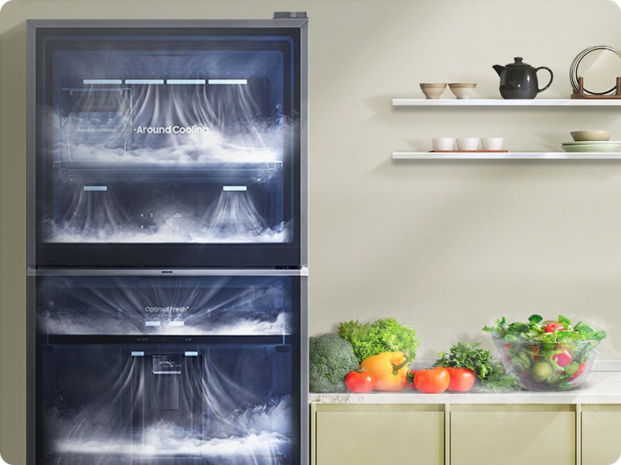 El interior del refrigerador es visible y el aire frío se extiende a través de cada espacio de almacenamiento.