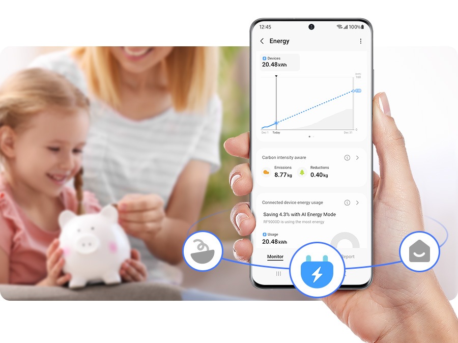 Una persona usa SmartThings Energy y comprueba el consumo de energía.