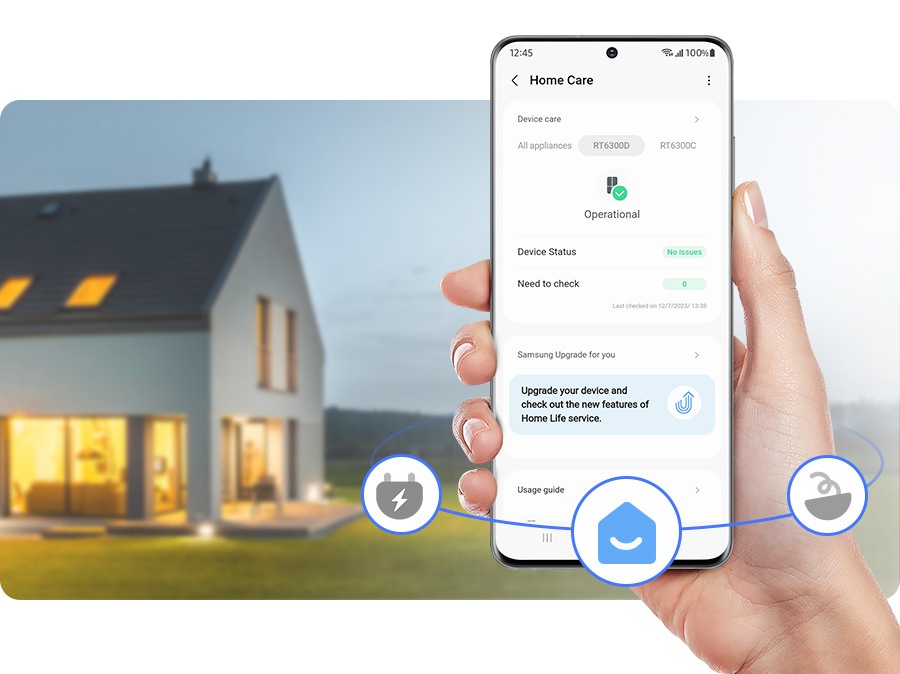 Una persona utiliza el cuidado de SmartThings Home y verifica el estado del dispositivo.