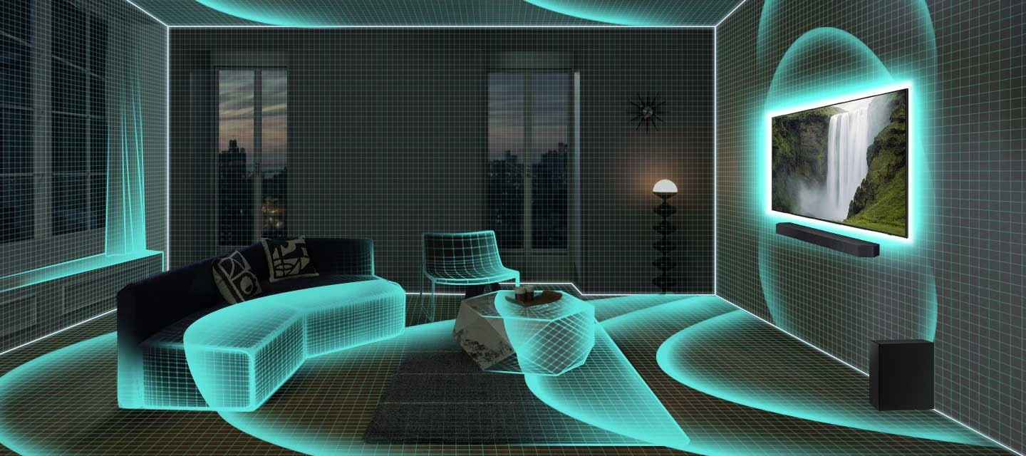 Una sala con decoración moderna se transforma en un boceto, donde los objetos se desvanecen hasta convertirse en simples contornos. La Barra de sonido emite un único pulso que recorre toda la habitación y analiza el espacio. A continuación, la Barra de sonido y el subwoofer emiten ondas sonoras que indican que se está reproduciendo audio.
